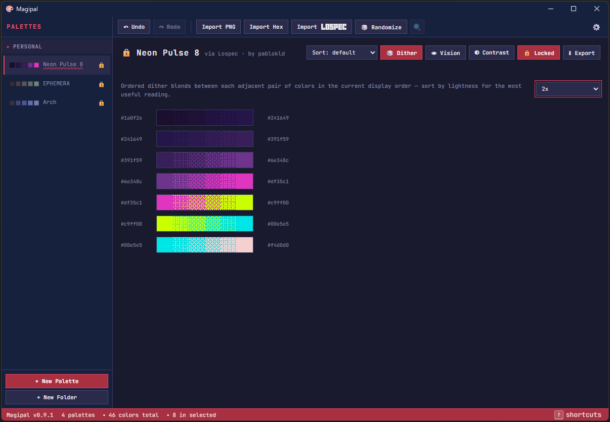 Ordered dither blends between each adjacent pair of palette colours, each labelled with the two hex codes it sits between.