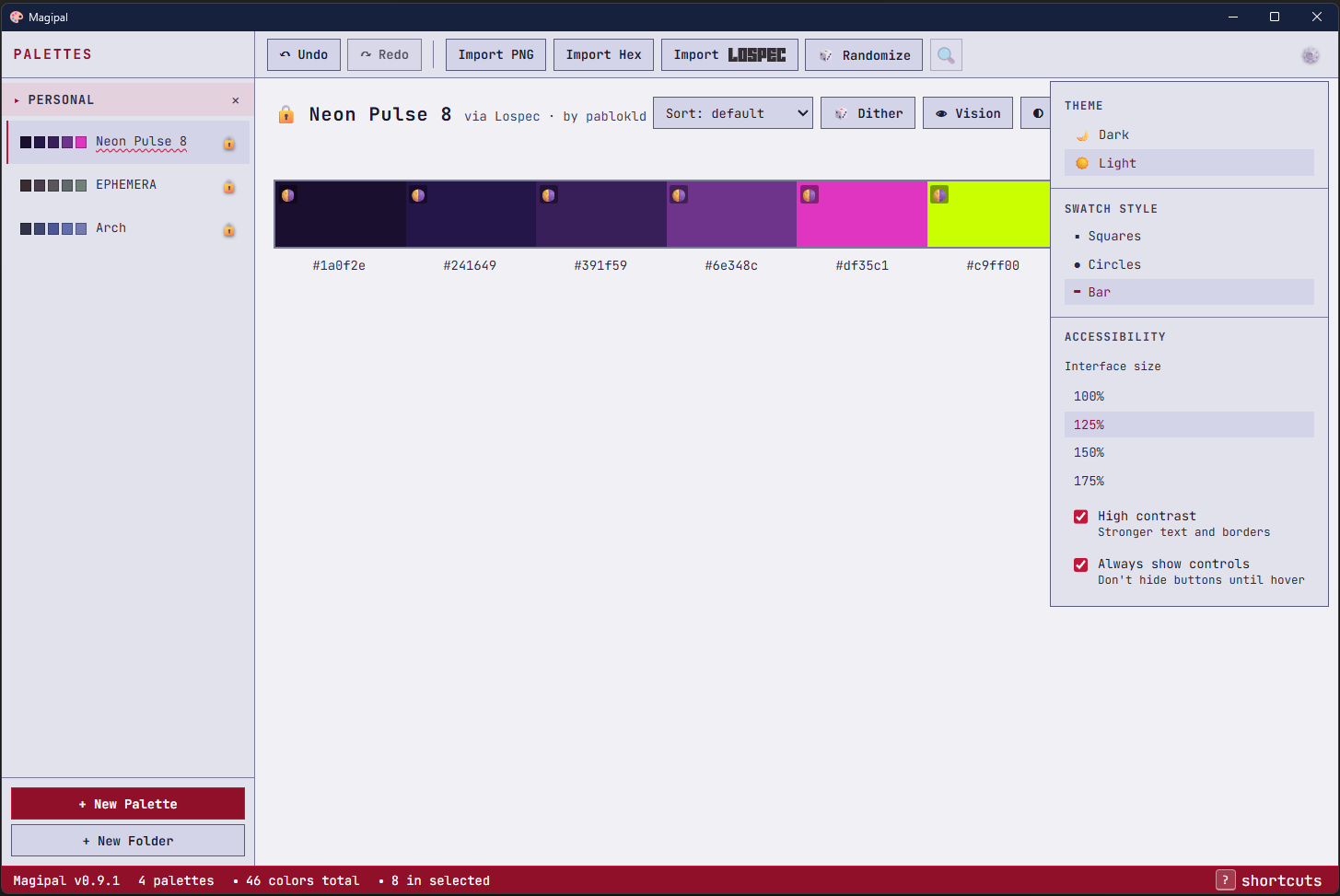 Magipal in its light theme with the settings panel open, showing theme, swatch style, interface size, high contrast, and always-show-controls options.